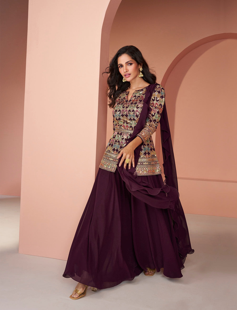 Readymade Wine Elegance Indo-Western Salwar Kameez