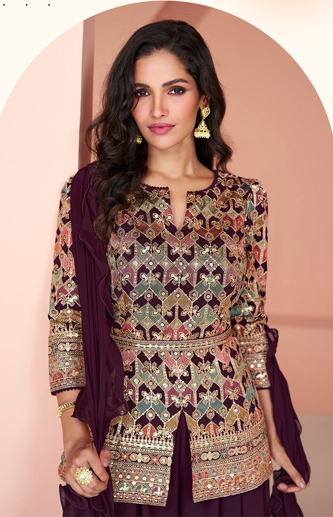 Readymade Wine Elegance Indo-Western Salwar Kameez