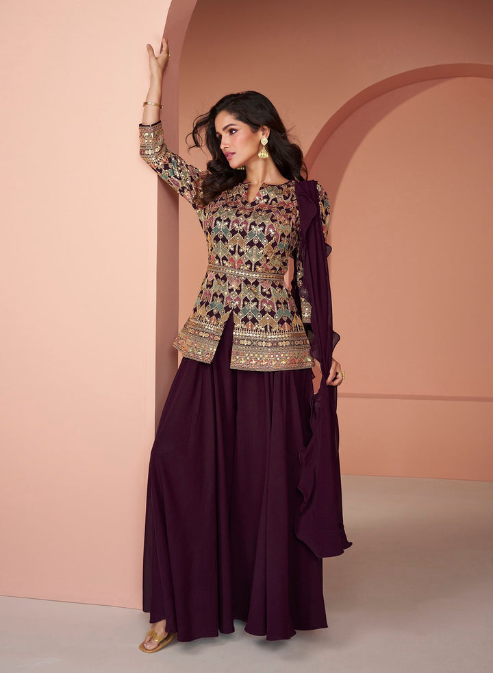 Readymade Wine Elegance Indo-Western Salwar Kameez