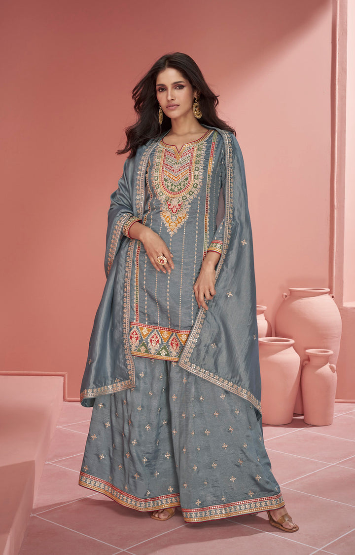 Readymade  Elegant Grey Designer Palazzo Type Salwar Kameez