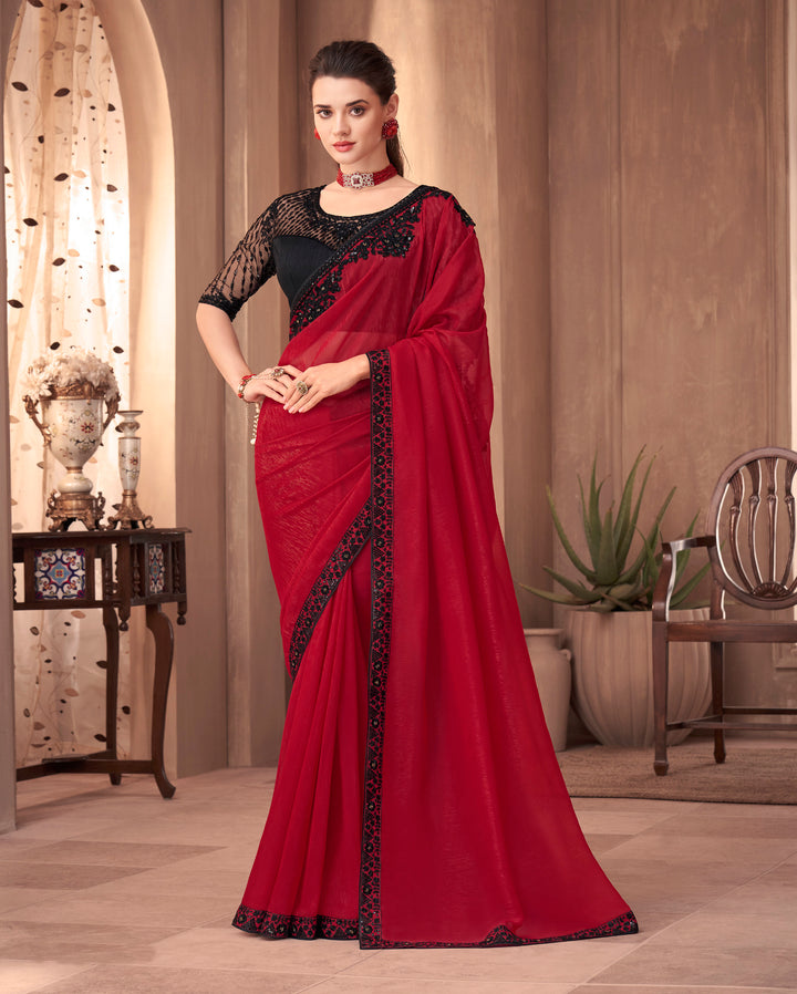 Exquisite Black-Red Silk Embroidery Saree