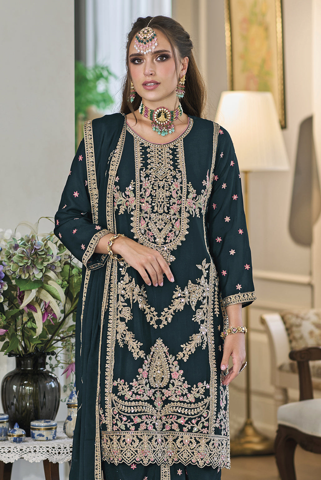 Readymade Elegant Rama Green Designer Salwar Kameez