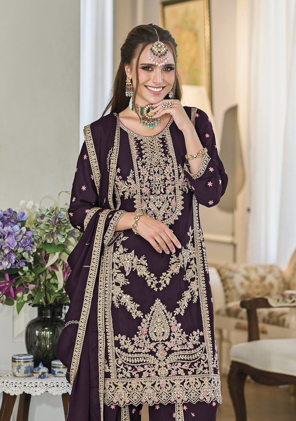 Readymade Elegant Wine Designer Salwar Kameez