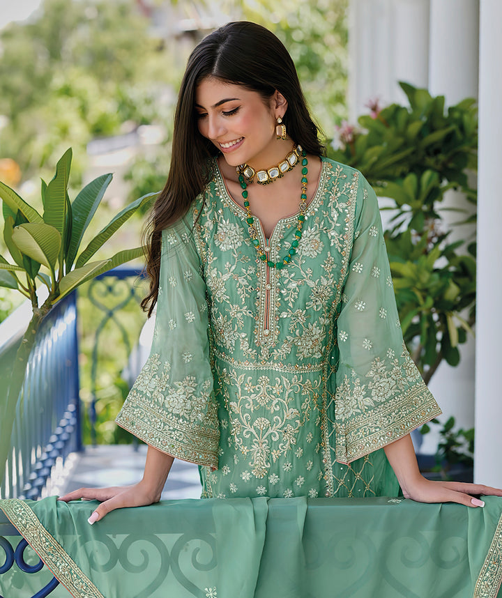 Readymade Graceful Green Organza Salwar Kameez