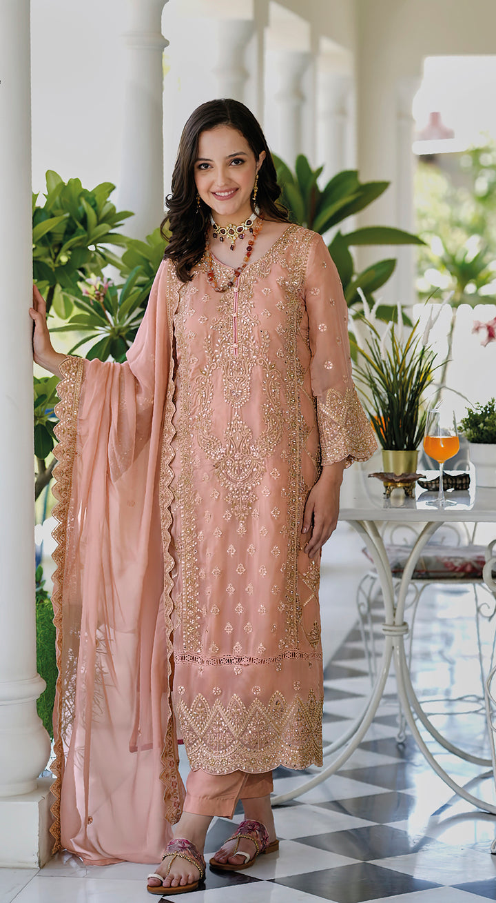 Readymade Enchanting Peach Organza Salwar Kameez