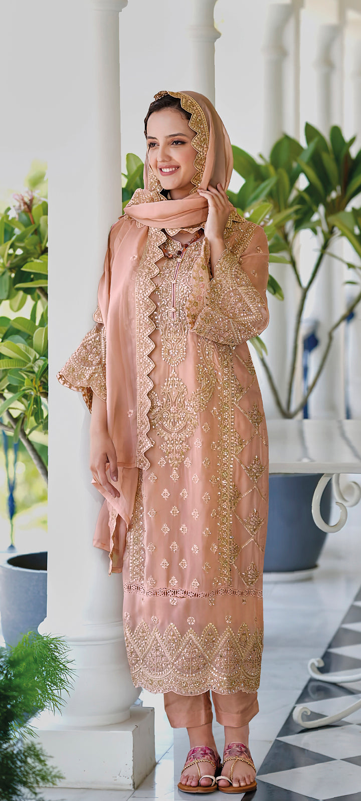 Readymade Enchanting Peach Organza Salwar Kameez