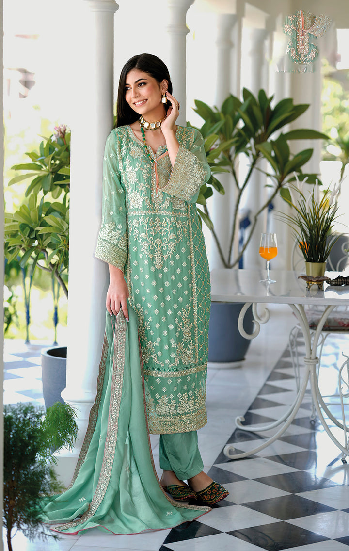 Readymade Graceful Green Organza Salwar Kameez