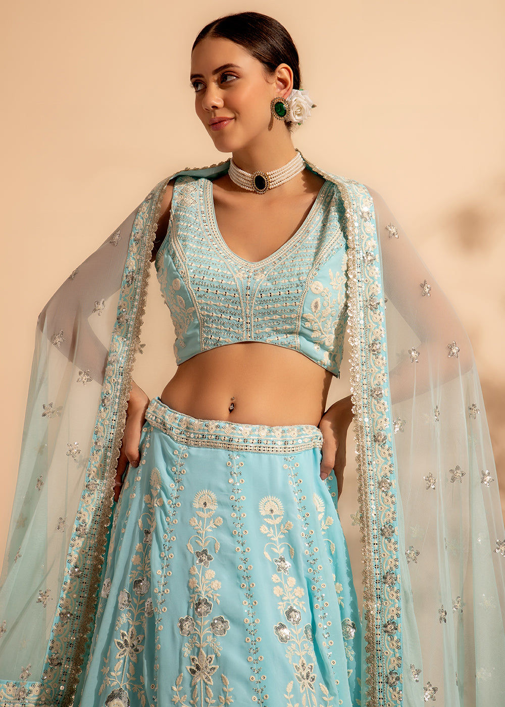 Readymade Elegant Sky Blue Designer Lehenga Choli