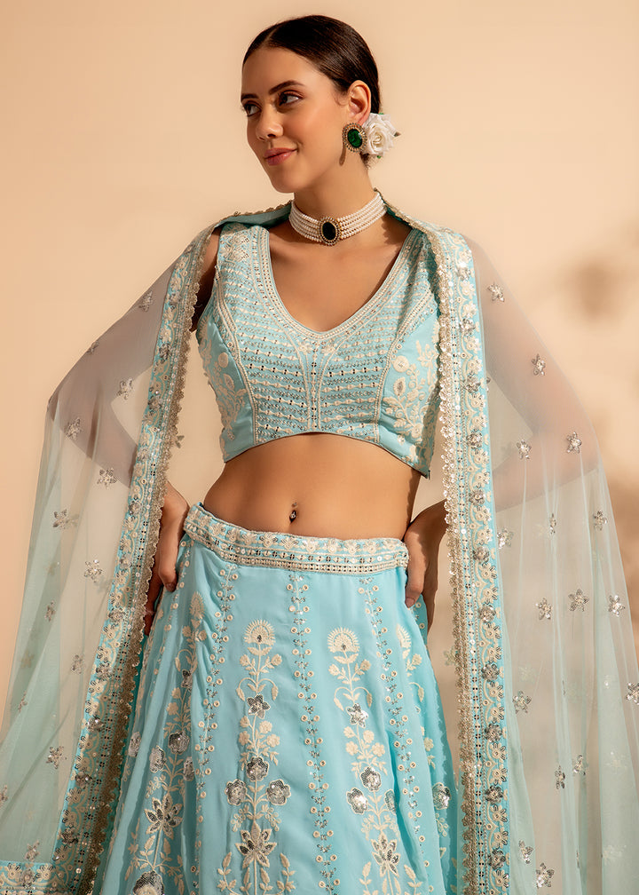 Readymade Elegant Sky Blue Designer Lehenga Choli