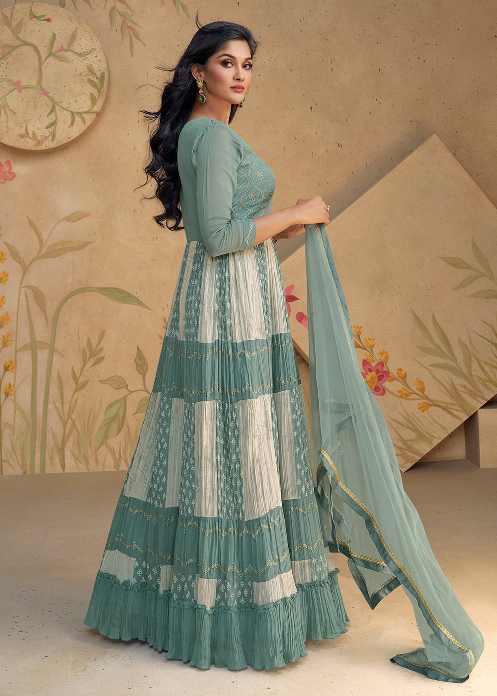 Readymade Dusty Green Designer Anarkali Salwar Kameez