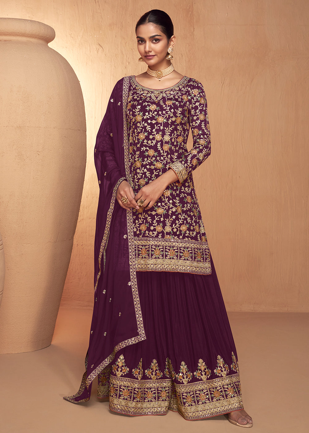 Readymade Exquisite Wine Salwar Kameez