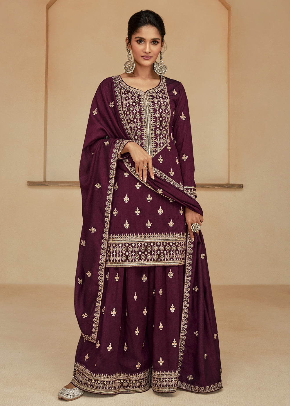 Readymade Luxurious Maroon Palazzo Salwar Kameez