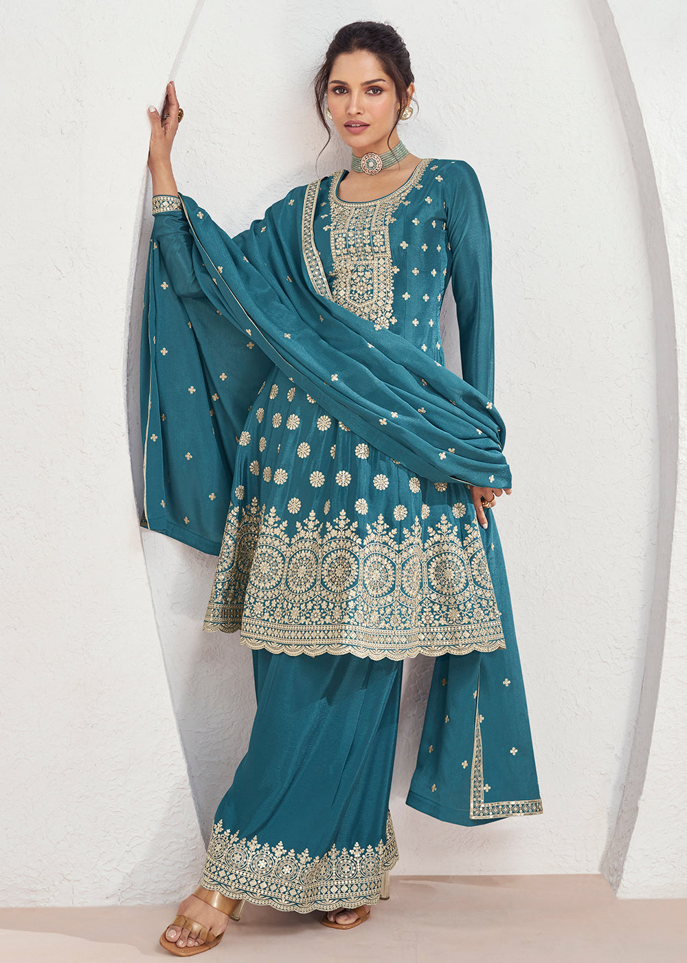 Readymade Elegant Rama Green Palazzo Salwar Kameez