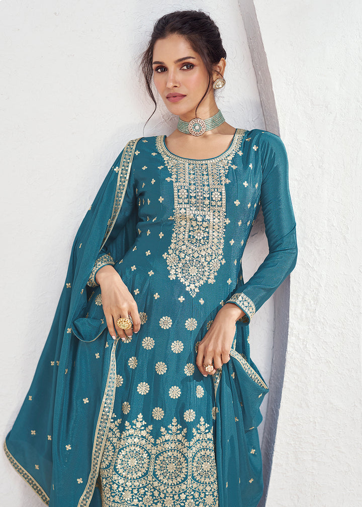 Readymade Elegant Rama Green Palazzo Salwar Kameez