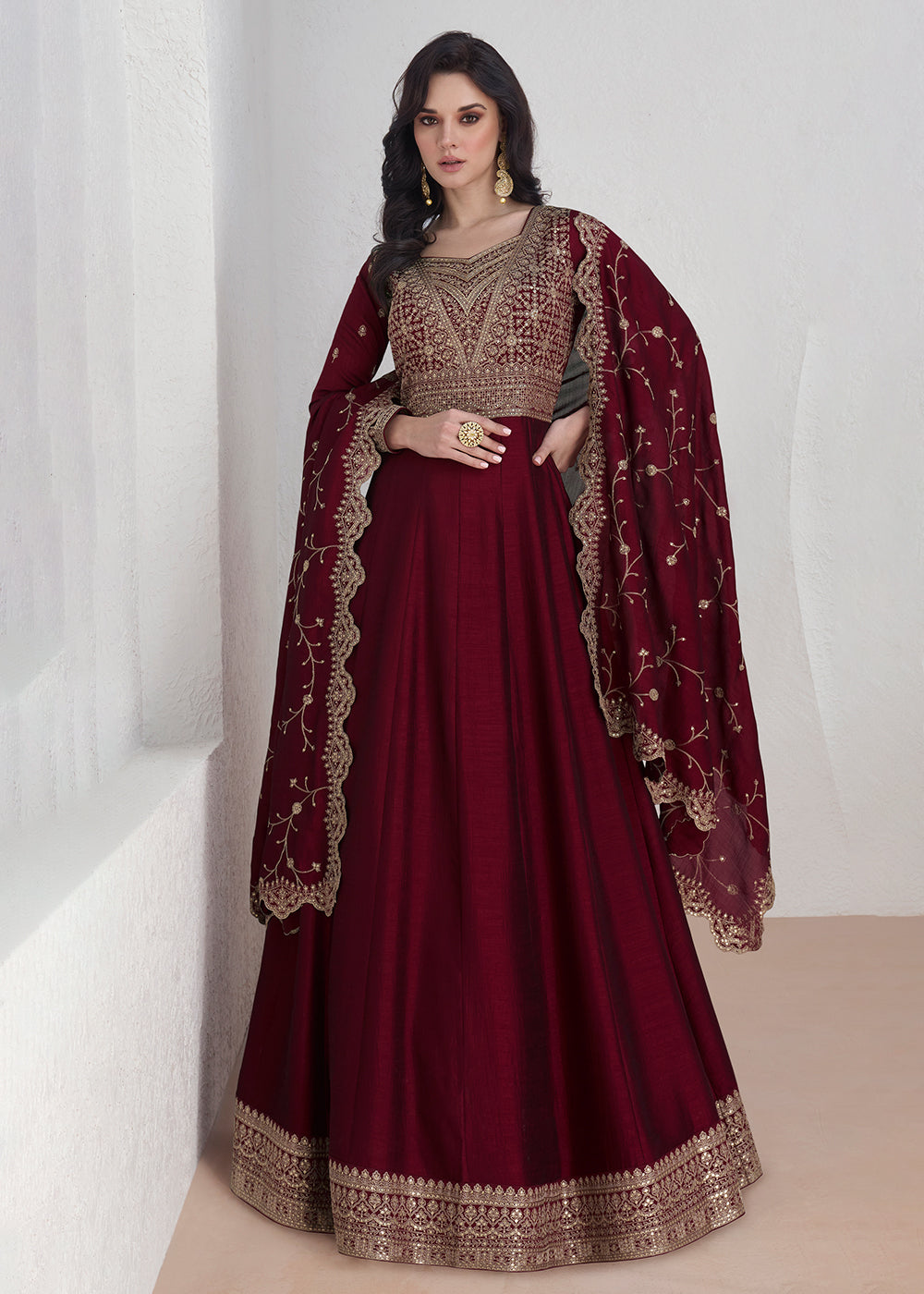 Readymade Maroon Designer Anarkali Salwar Kameez