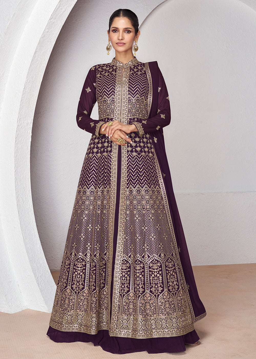 Readymade Wine Designer Anarkali Salwar Kameez