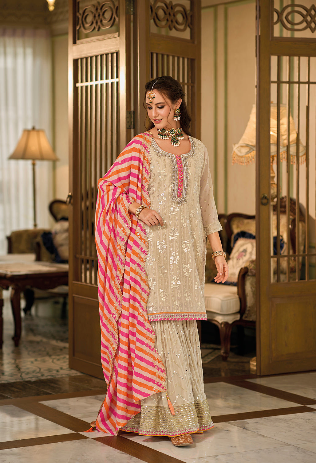 Readymade Designer Off-White Sharara Salwar Kameez