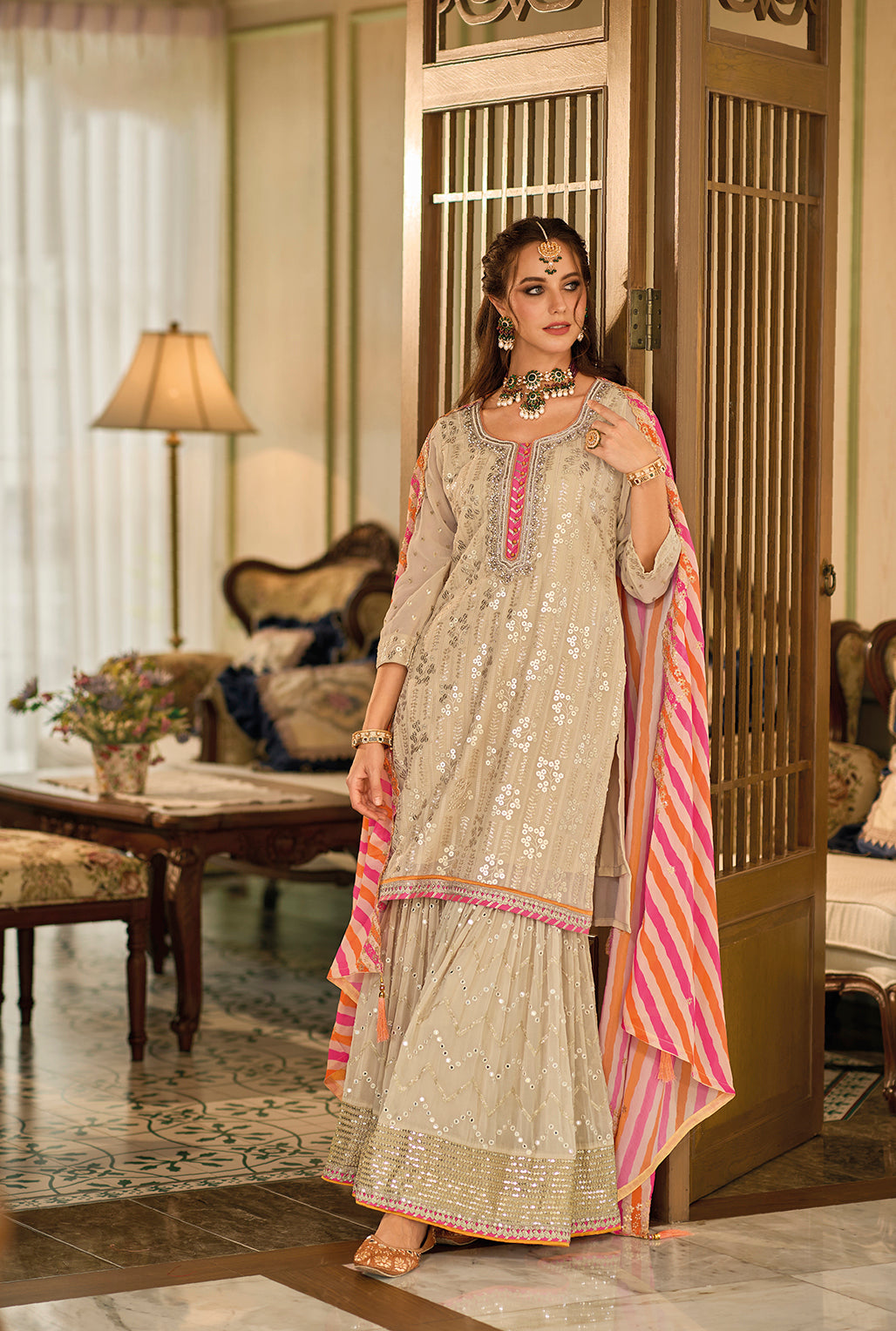 Readymade Designer Off-White Sharara Salwar Kameez