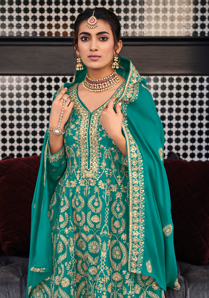 Readymade Lush Green Glamour: Premium Chinon Salwar Kameez