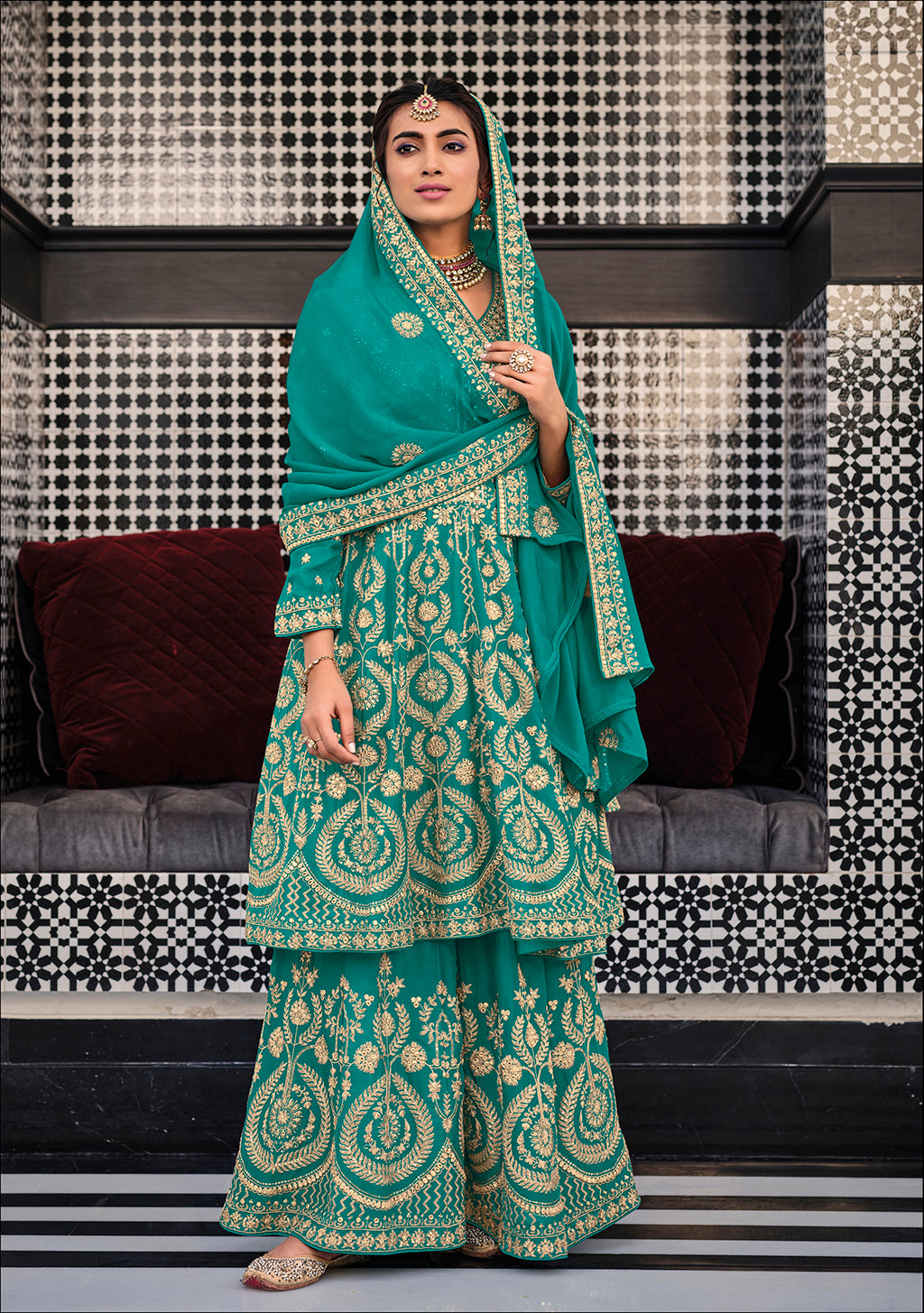 Readymade Lush Green Glamour: Premium Chinon Salwar Kameez