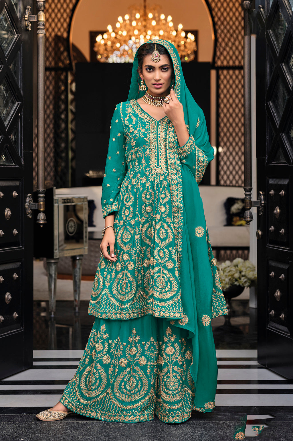 Readymade Lush Green Glamour: Premium Chinon Salwar Kameez