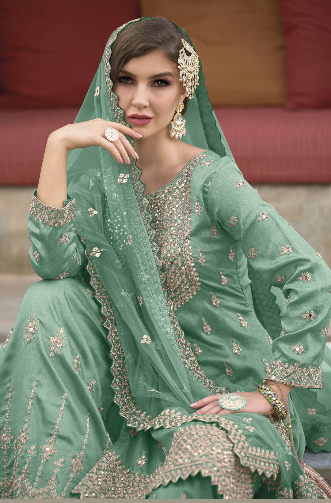 Readymade Designer Palazzo Type Salwar Kameez in Enchanting Green