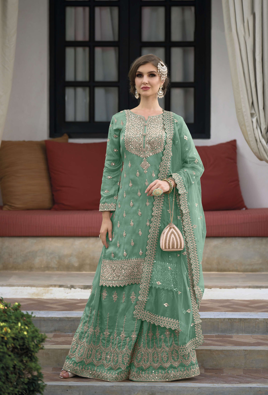 Readymade Designer Palazzo Type Salwar Kameez in Enchanting Green