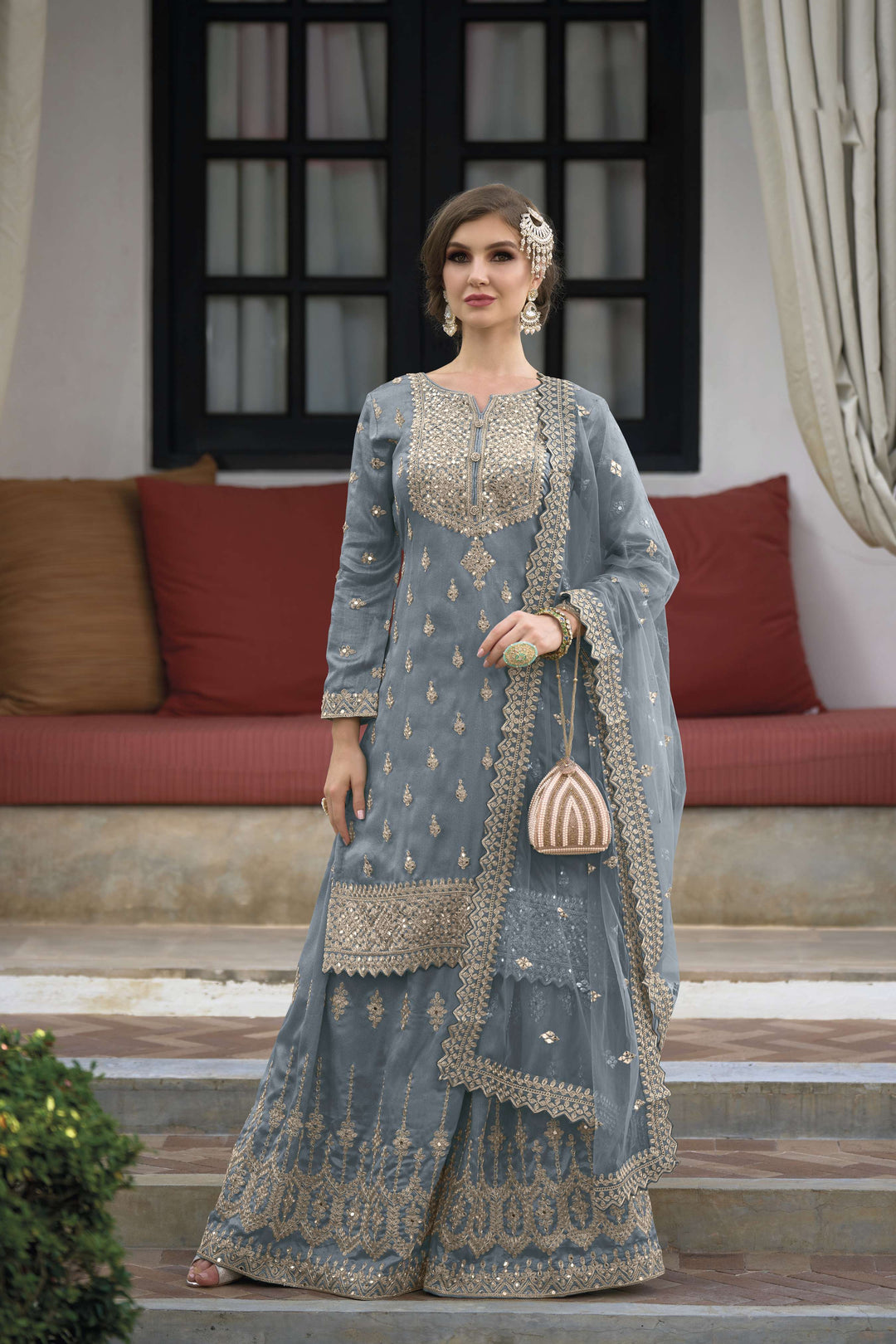 Readymade Designer Palazzo Type Salwar Kameez in Elegant Grey