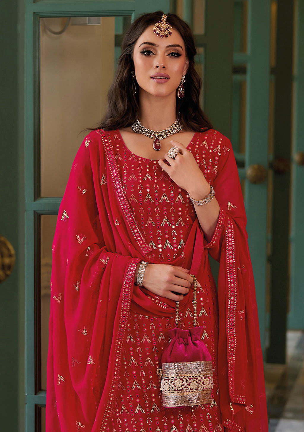 Readymade Ravishing Red Georgette Salwar Kameez