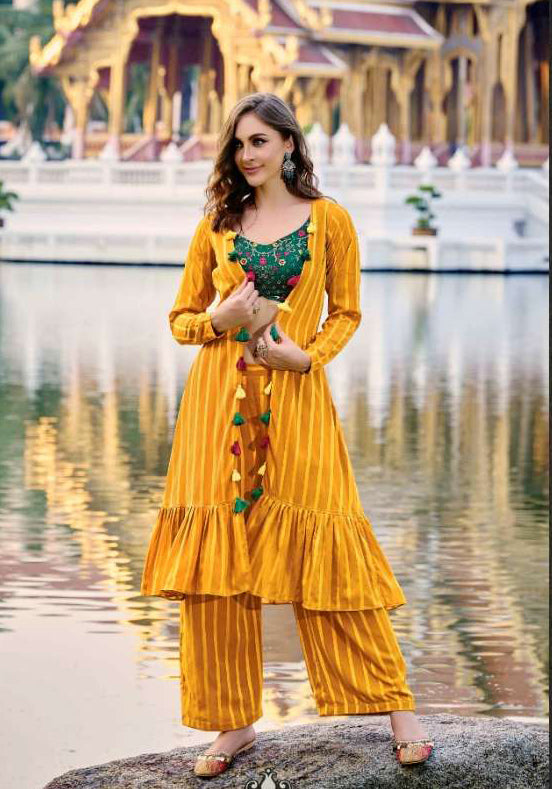 Exclusive Mustard Embroidered Stitched Koti Style Co-ords Palazzo