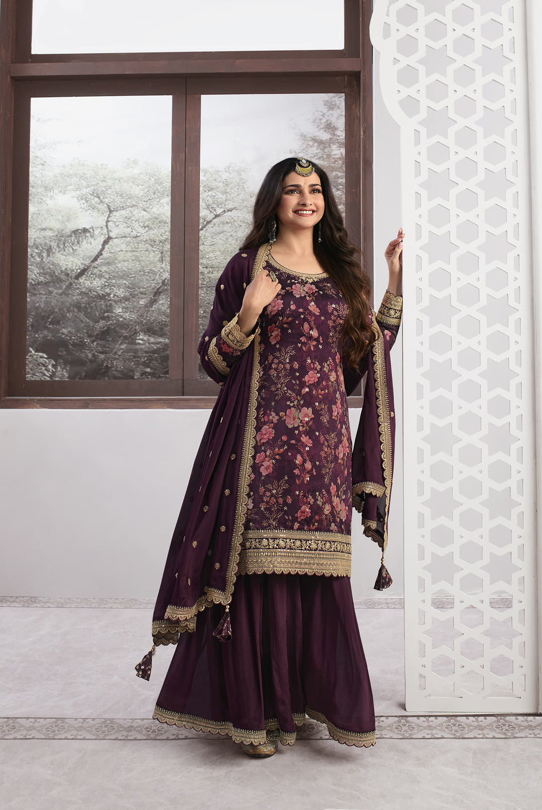 Readymade Designer Wine Salwar Kameez In Wine