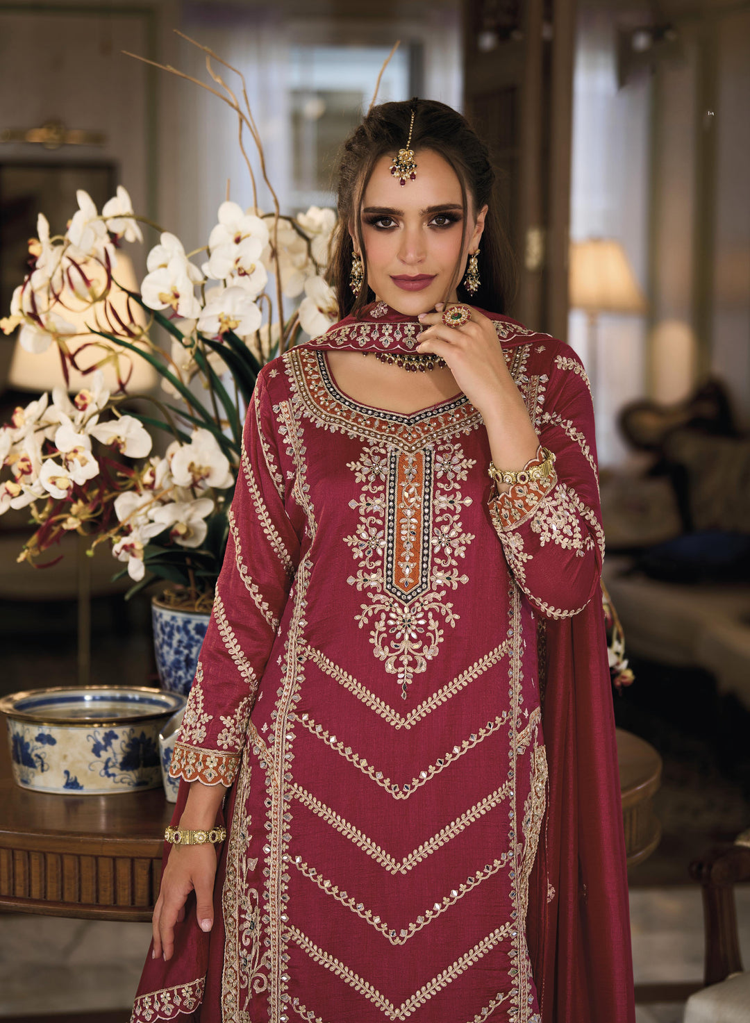 Readymade Elegant Maroon Designer Sharara Type Salwar Kameez