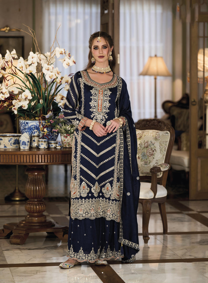 Readymade Elegant Navy Blue Designer Sharara Type Salwar Kameez