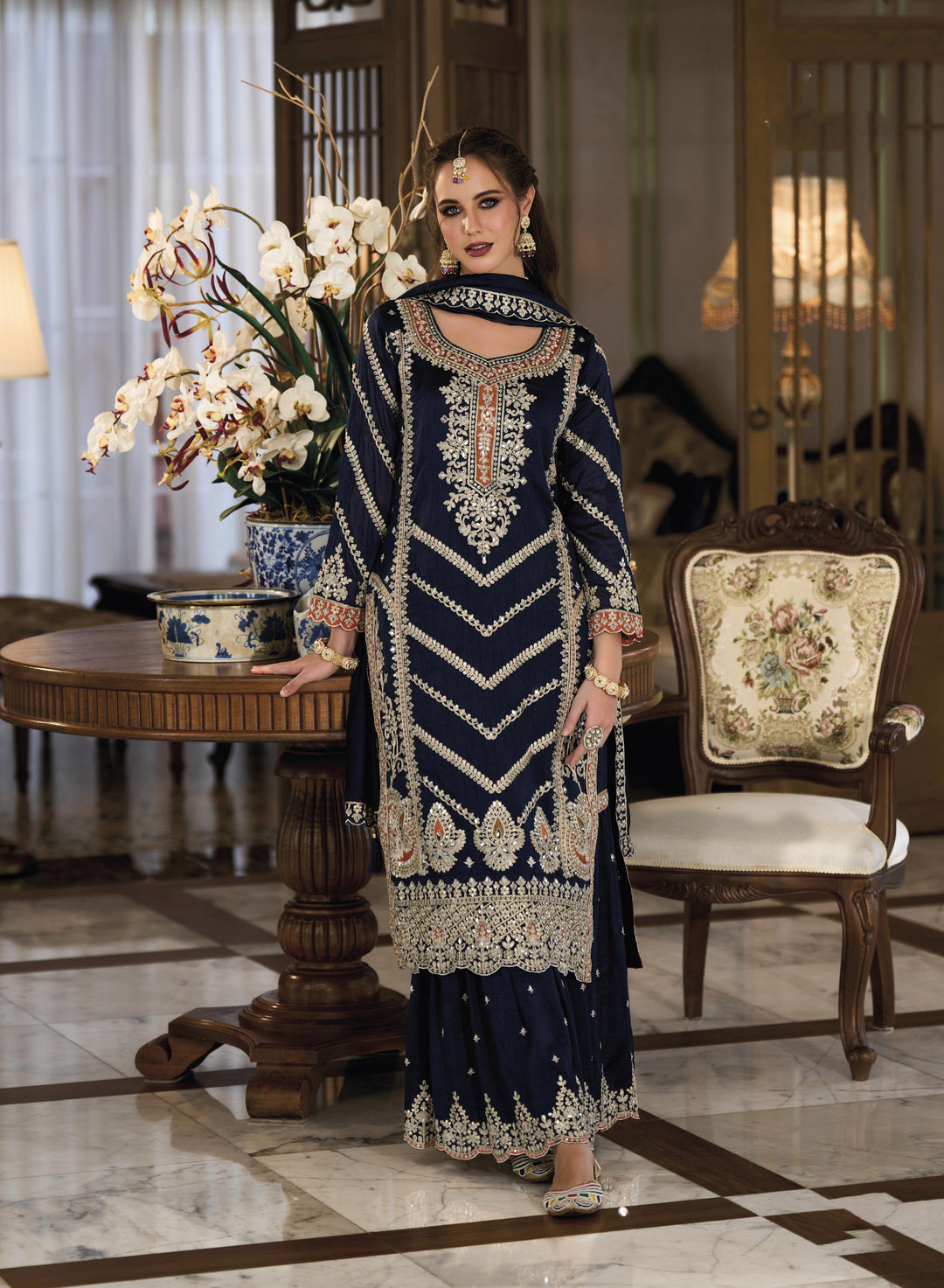 Readymade Elegant Navy Blue Designer Sharara Type Salwar Kameez