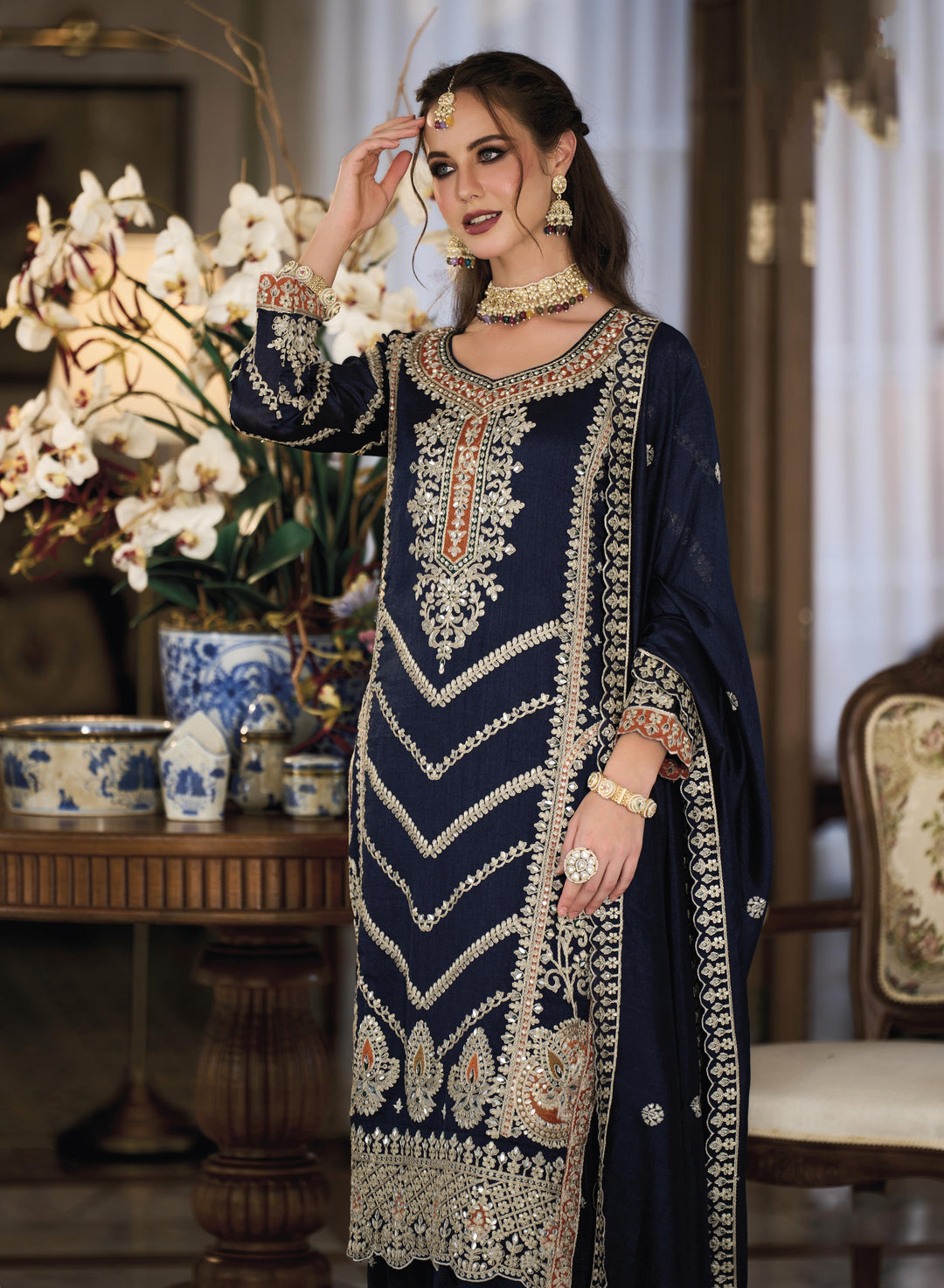 Readymade Elegant Navy Blue Designer Sharara Type Salwar Kameez