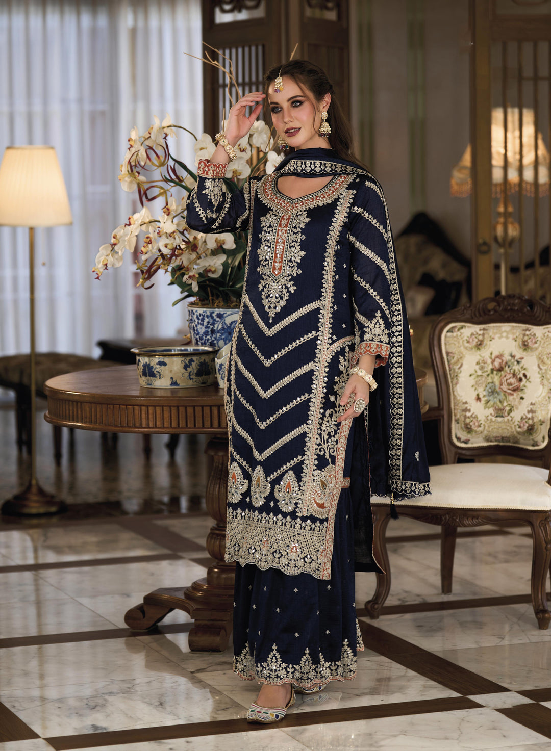 Readymade Elegant Navy Blue Designer Sharara Type Salwar Kameez