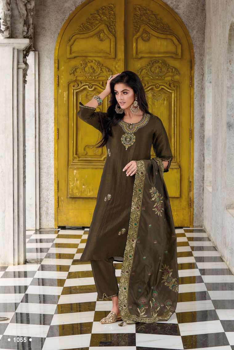 Buy Online Green Mehndi Georgette Satin Churidar Designer Suit : 114137 -