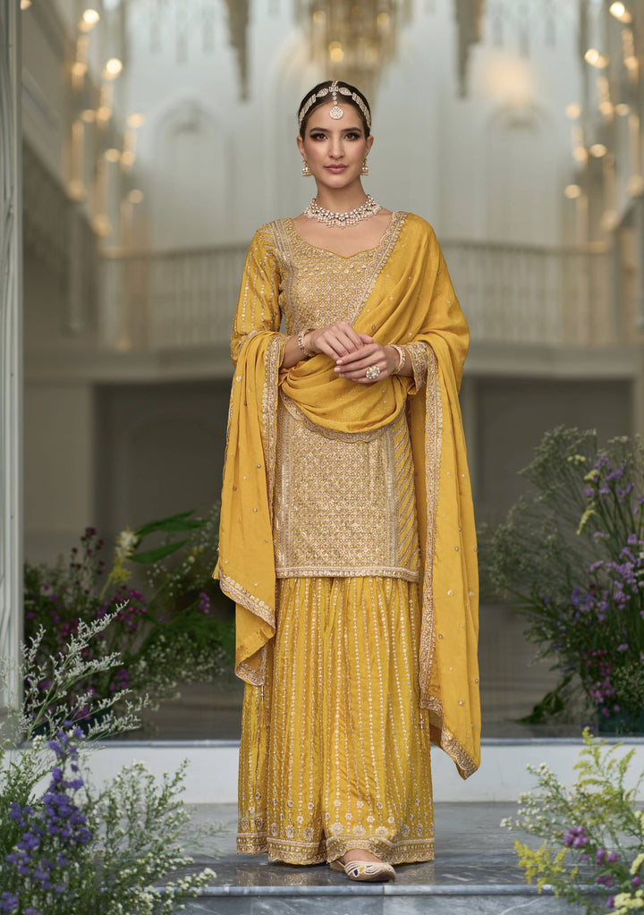 Readymade Designer Yellow Party Wear palazzo Salwar Kameez