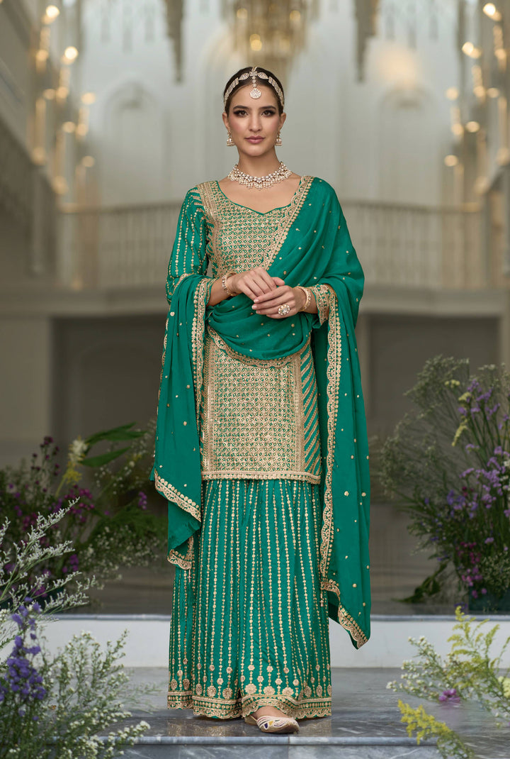 Readymade Green Party Wear palazzo Salwar Kameez in Premium Silk