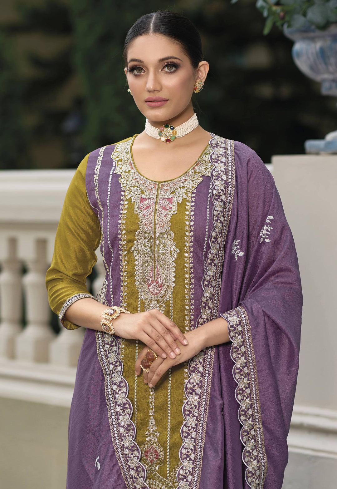 Readymade Party Wear Salwar Kameez in Mehndi Green & Purple