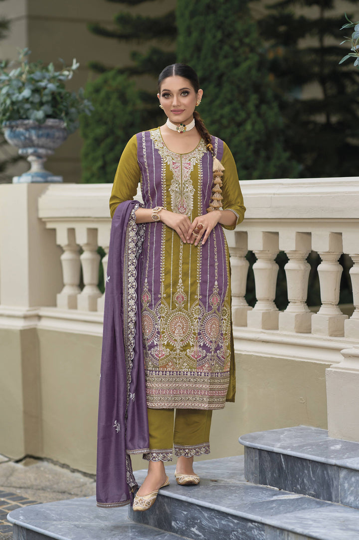 Readymade Party Wear Salwar Kameez in Mehndi Green & Purple