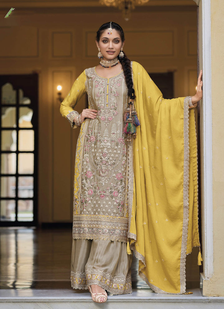 Readymade Party Wear palazzo Salwar Kameez in Sky Yellow