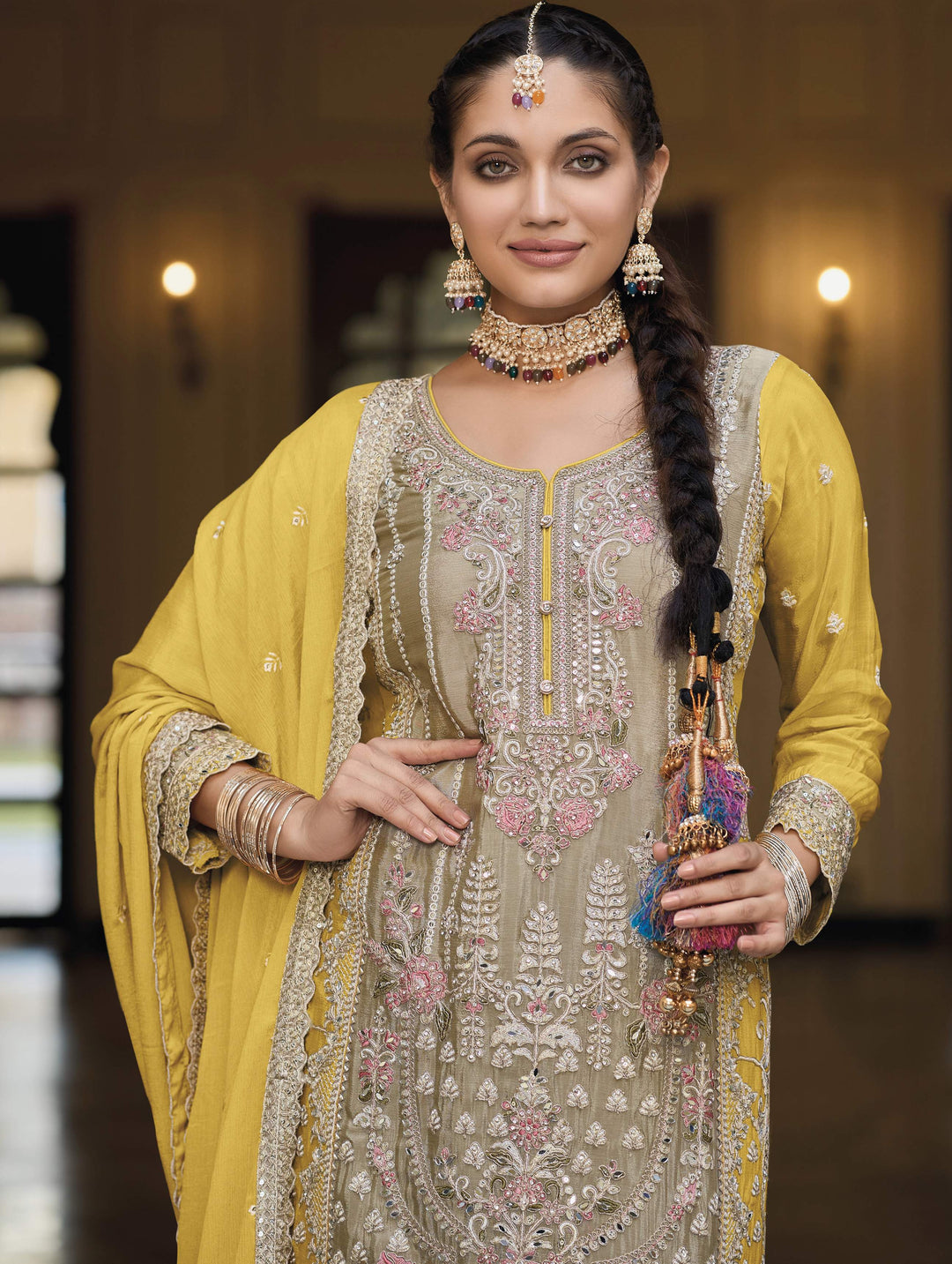 Readymade Party Wear palazzo Salwar Kameez in Sky Yellow