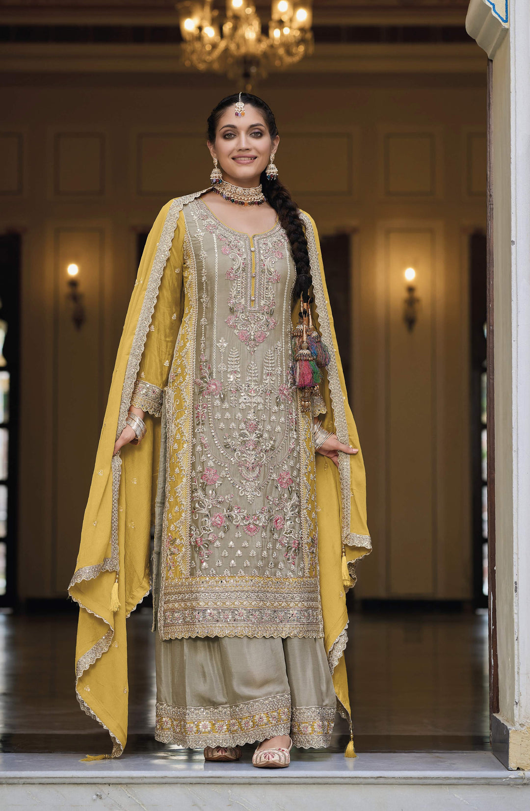 Readymade Party Wear palazzo Salwar Kameez in Sky Yellow