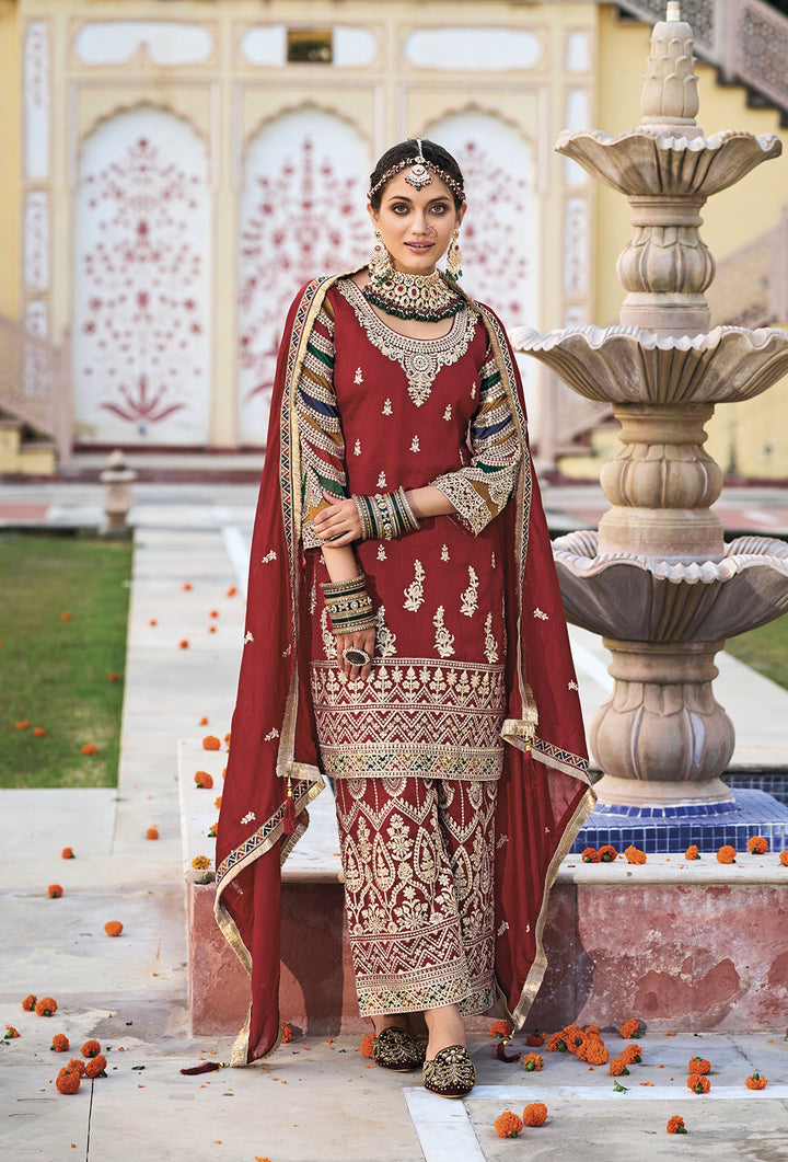 Readymade Elegant Red Designer Palazzo Salwar Kameez