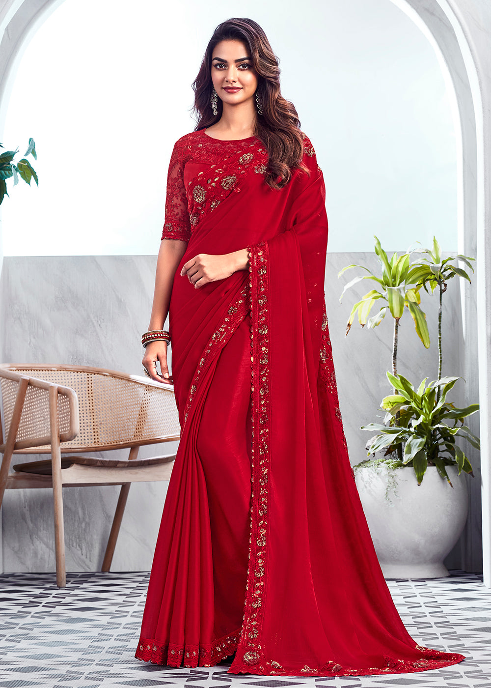 Red Silk and Linen Saree with Embroidery