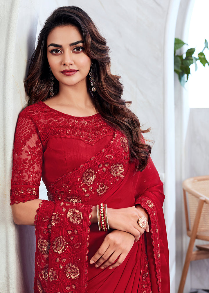 Red Silk and Linen Saree with Embroidery