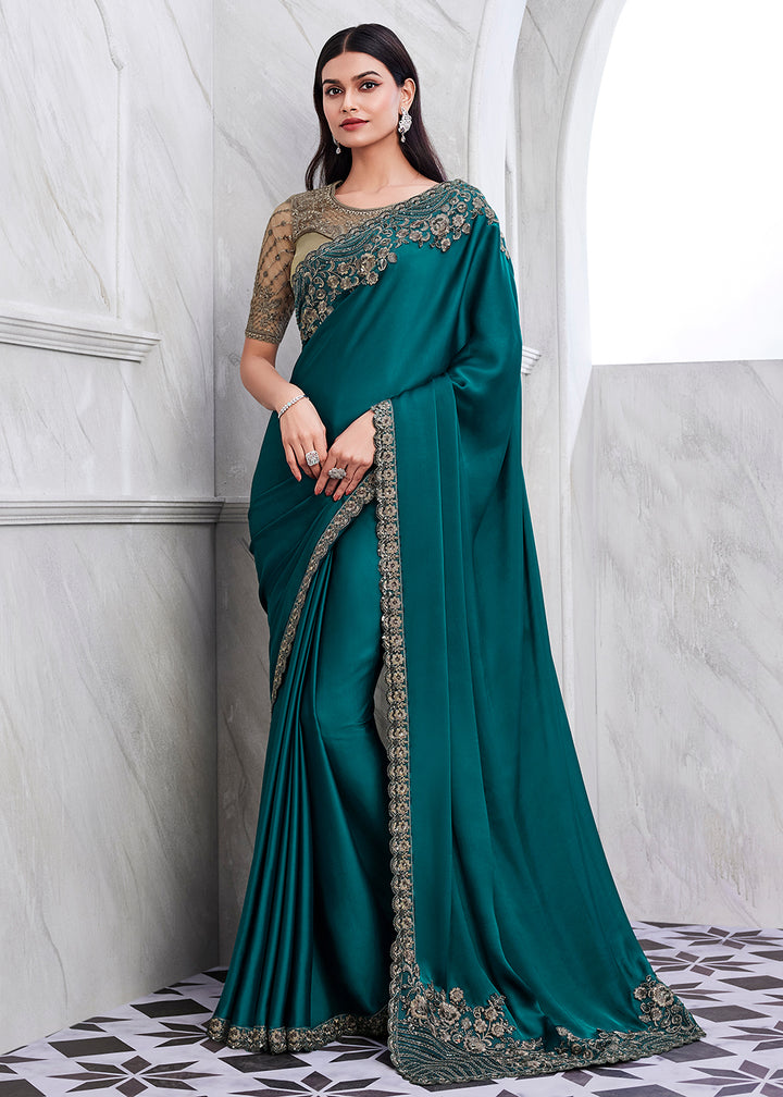 Blue Silk and Linen Saree with Embroidery