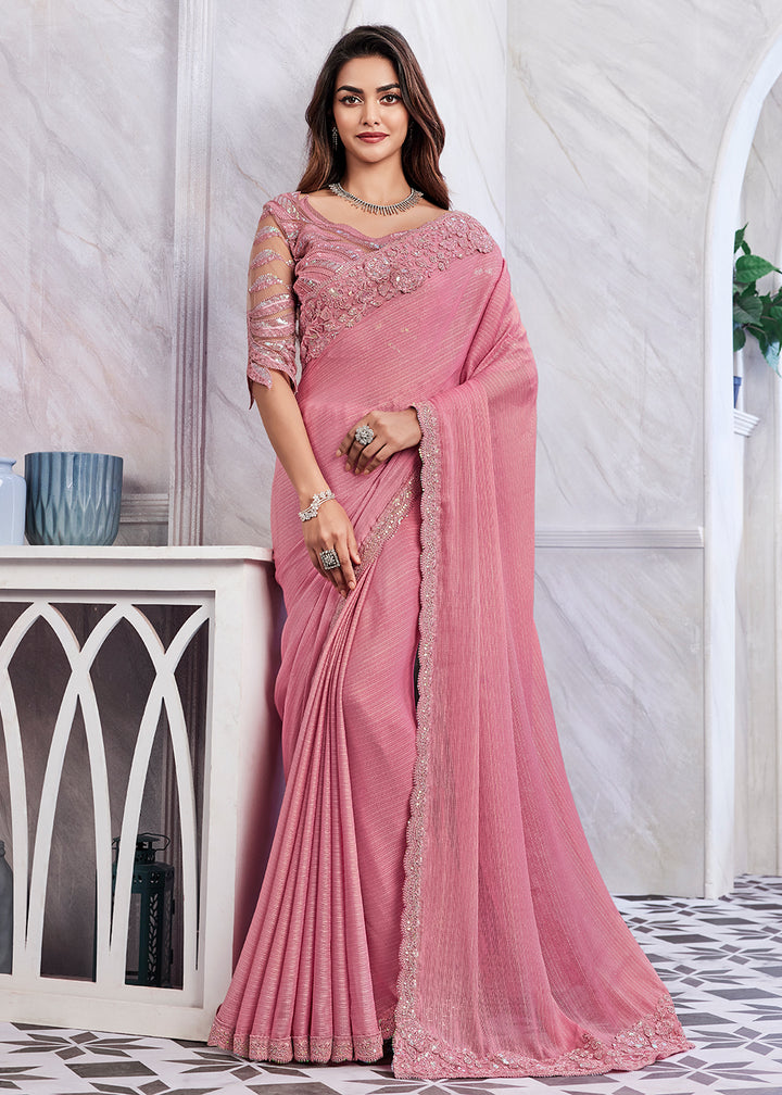 Stunning Pink Silk and Linen Saree with Embroidery