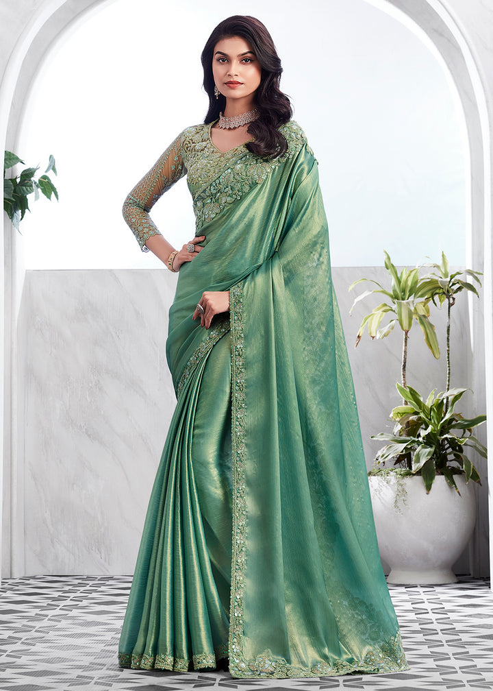 Elegant Green Silk and Linen Saree with Embroidery